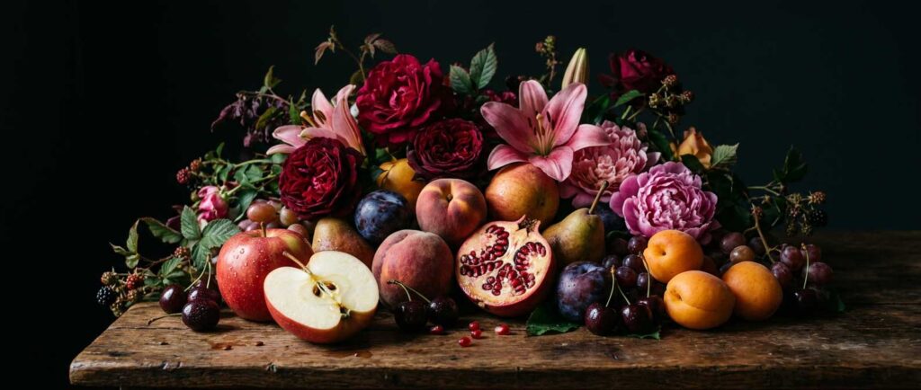 viktorianisches obst mit Blumen Stillleben